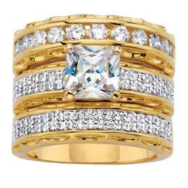 PalmBeach Yellow Gold-Plated or Silvertone Princess Cut and Round Cubic Zirconia 3 Piece Bridal Ring Set Size 8