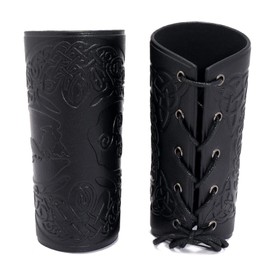 GORGECRAFT 2PCS Leather Gauntlet Wristband Tree of Life Pattern Bracers Wrist Band Guards Arm Guard Archery Buckle Bracers Unisex Leather Cuffs Armband for Men Women(Black)