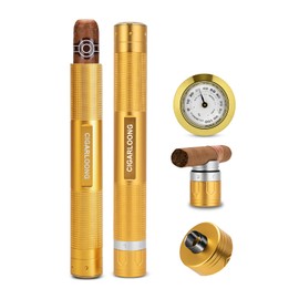 CIGARLOONG Portable Stainless Steel Cigar Tube Humidor,Built in Hygrometer Cigar Punch and Cigar Holder,3 in 1 Moisturizing Cigar Tube Storage 1 Count,Gift for Cigar Lovers (Gold)
