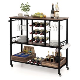 COSTWAY Bar Cart for The Home, 3 Tiers Industrial Beverage Cart w/Glass Racks, Wine Holders, Hooks & Storage Trays, Lockable Wheels, Small Serving Station for Kitchen, Dining Room, Vintage Grey Oak