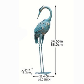 Oritty 34 Inch Crane Statue for Garden Decor, Standing Heron Statue Garden Sculpture, Metal Bird Sculpture Yard Art for Backyard, Patio, Pool, Lawn, Cyan