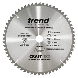 Trend Wood Cordless Mitre Saw Blade, 184mm Diameter, 16mm Bore, 60 Teeth, TCT, 1.6mm Kerf, -5° Hook, CSB/CC18460T