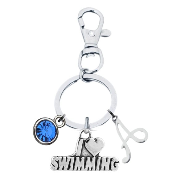 Swim Keychain, Personalized Birthstone, Initial Swimming Backpack Keychain, Swimming Gifts