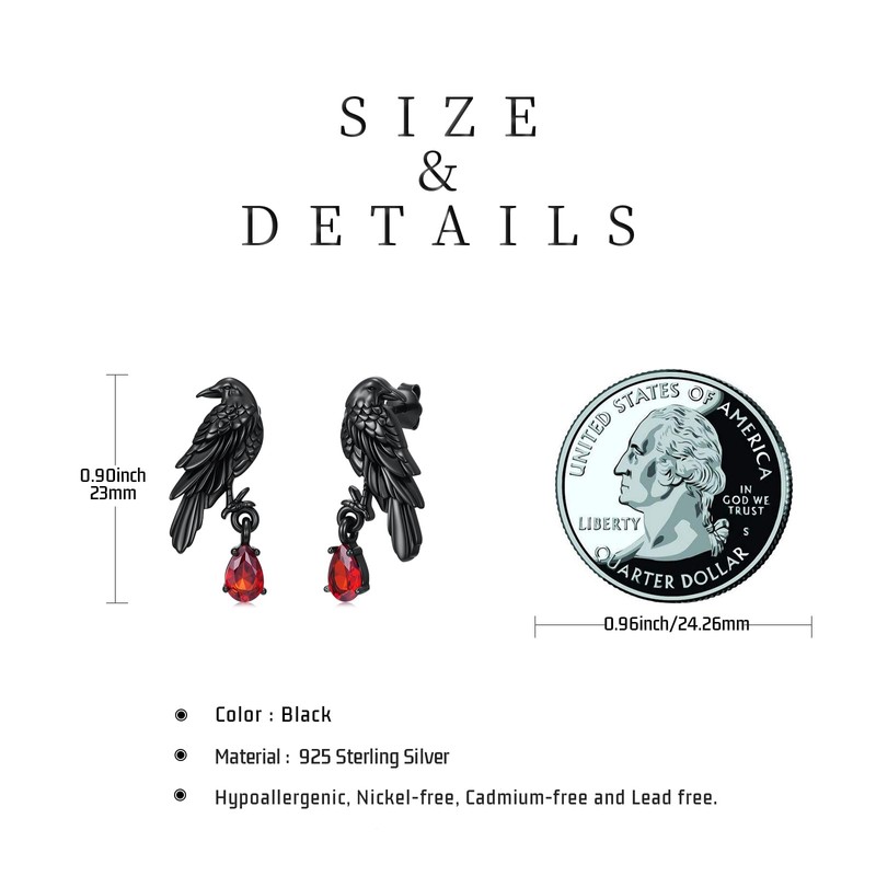 Gothic Raven Earrings Sterling Silver Black Crow Studs Earrings Hypoallergenic