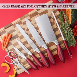 Knife Block Set,8-piece Kitchen Knife Set with Rotatable Storage Stand, Stainless Steel Sharp Knife Set, Chef Knife Set for Kitchen with Sharpener for Cutting Slicing Dicing Chopping (Red)