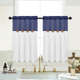 FRAMICS Boho Kitchen Curtains 36 Inch Length, Farmhouse Cotton Linen Tier Curtains, Rustic Button Short Curtains for Windows, Navy Blue Country Cafe Curtains, Rod Pocket Small Window Curtains, 26x36