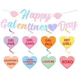 Happy Galentines Day Decorations, Pre-Assembled Colorful Glitter Happy Galentines Day Banner and 8pcs Heart Hanging Swirls, Galentines Day Party Decorations