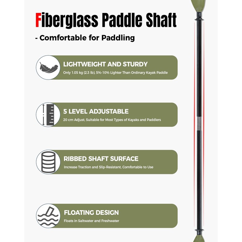 WONITAGO Angler Kayak Paddle with Fiberglass Shaft and Plastic Blade,