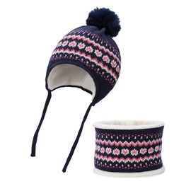 Aofalbe Kids Winter Hat Scarf Set for Girls Boys, Toddler Knit Beanie Hat & Neck Warmer Sets with Warm Fleece Lined Navy