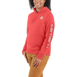 Carhartt Women's Relaxed Fit Midweight Logo Sleeve Graphic Sweatshirt (Also Available in Plus Sizes), Coral Glow