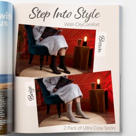 CityComfort Womens Calf Socks, Multipack of Wool Blend Socks - Womens Gifts (Beige/Brown, 8/11 UK, 2 Pack)