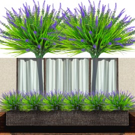 LANKAMO 10 Bundles Artificial Plants Outdoor Fake Monkey Grass UV Resistant Lavender Faux Shrubs for Home Weddings Garden Porch Front Patio Office Decor (Purple)