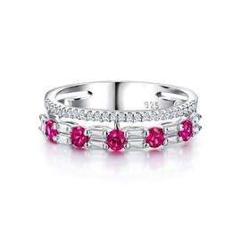 DAYBYDAY Ruby Eternity Band Rings for Women Emerald Cut Double Band July Birthstone Ring Sterling Silver Red Ring Size 10