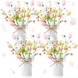 Riceshoot 4 Set Easter Table Centerpiece Artificial Easter Egg Picks with Metal Vase Daisy Flowers Easter Sprays Floral Berry Stems Colorful Easter Egg Twig Branches for Spring Home Party Decor