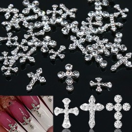 SILPECWEE 30pcs 3 Style Cross Nail Charms 3D Cross Charms for Nails Silver Nail Jewels Nail Art Charms Flat-Back Nail Rhinestone Crystal Diamond Nail Art Decoration Nails Accessories