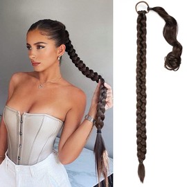 Braid Extensions Ponytail Extension with Scrunchie, Natural Synthetic Hair Braids Hair Extensions for Braiding, Long Ponytail Brown Hairpiece for Women, 80 cm (Brown Black)