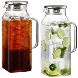 2 Pack 2 Liter/68 oz Square Glass Pitcher with Lid, Classic Stripes Water Pitchers with Handle for Fridge, Large Jug for Iced Tea, Coffee, Borosilicate Glass Carafe for Hot/Cold Brew Drink, Silver