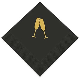 Weddingstar 3-Ply Gold Foil Cocktail Napkins Black - Champagne Flutes
