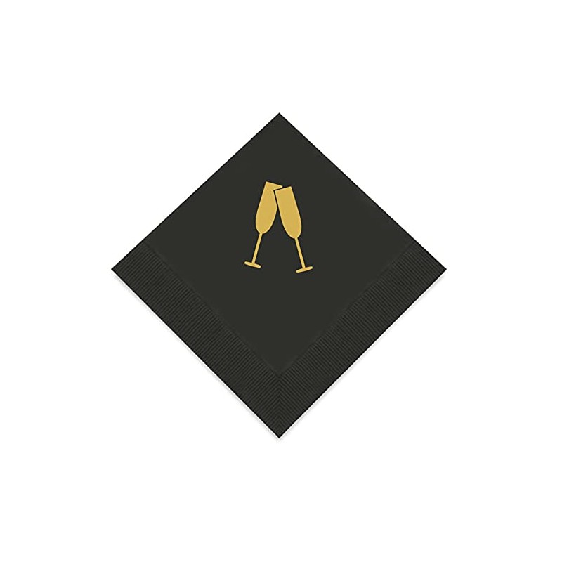 Weddingstar 3-Ply Gold Foil Cocktail Napkins Black - Champagne Flutes