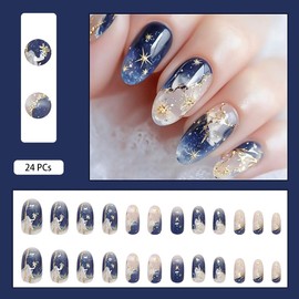 RikView Almond Press on Nails Medium Fake Nails Blue Nails with Star Design Glossy Full Cover Nails Nails for Women 24 PCs/Set