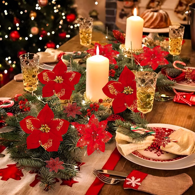 Gushu 116 Pcs 5 Style Christmas Red Glitter Artificial Poinsettias