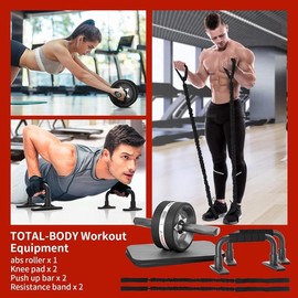 Ab Rollers Wheel Kit, Exercise Wheel Core Strength Training Abdominal Roller Set with Push Up Bars, Resistance Bands, Knee Mat Home Gym Fitness Equipment for Abs Workout - Color: Black