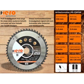 HERO Circular Saw Blade 216 x 30/20 mm 48 Teeth Carbide Saw Blade TCT Replacement Saw Blade for Woodworking Soft & Hardwood, Non-Ferrous Metals Universal Hand Saw, Mitre Saw, Table Saw, Chop Saw
