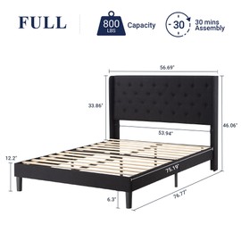 Allewie Full Size Bed Frame with Button Tufted Wingback Headboard, Modern Upholstered Bed Frame with Solid Wooden Slats Support - No Box Spring Needed, Easy Assembly, Black