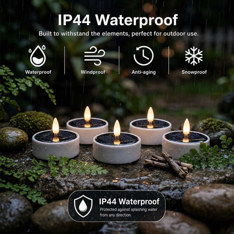 6PCS Solar Tea Lights Outdoor Waterproof, Rechargeable Reusable Flameless Flickering