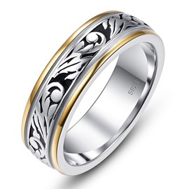 BONLAVIE 925 Sterling Silver Wedding Band Ring for Men Women Unisex Vintage Floral Vine, Silver Gold Two Tones (60 (19.1)), Sterling Silver