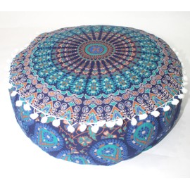 CRAFT KALA Blue Peacock Large Hippie Mandala Meditation Floor Ottoman Pillow Cushion Pouf Cover Square Poufs Bohemian Circle Floor Cushion Case Outdoor Fireplace Yoga Living Room Decor Cover 16" Round