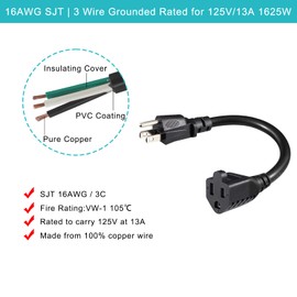 [5 Pack] Black Short Power Extension Cord - 6inch 3 Prong Mini Indoor Grounded Extension Cord,16AWG Small Electrical AC Extension Cord for Outlet Saver,Rated for 13AMP Home Appliance Extender Lead