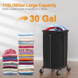 Hodonas Laundry Basket with Wheels, Rolling Laundry Hamper, 30 Gal.(115L), Removable and Machine Washable Liner, Steel Frame, Tall Laundry Cart for Laundry Room, Bedroom, Bathroom, Dorm Storage -Black