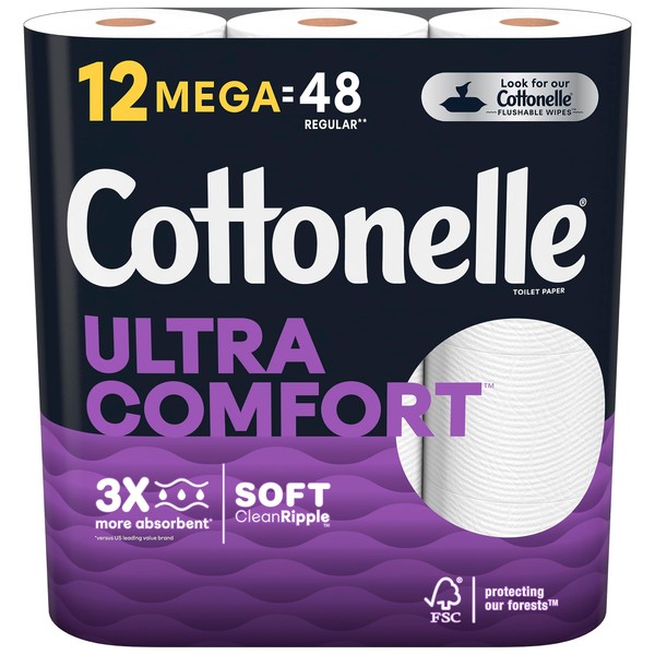 Cottonelle Ultra Comfort Toilet Paper, Strong Toilet Tissue, 12 Mega Rolls (12 Mega Rolls = 48 Regular Rolls), 268 Sheets per Roll, Packaging May Vary