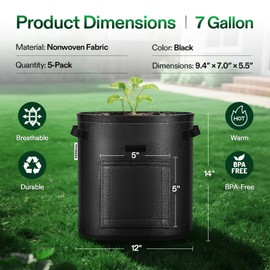 VIVOSUN 5-Pack 7 Gallon Potato Grow Bags, Fabric Pots With Handle and Roll-up Window, Planter Containers for Growing Potatoes, Black