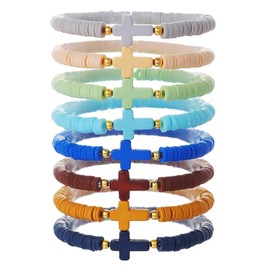 Behrooci Friendship Bracelets Boho Stackable Bracelets for Women Surfer Heishi Clay Bead Bracelets Stretch Preppy Bracelets Colorful Boho Bracelets for Women Cross Bracelet