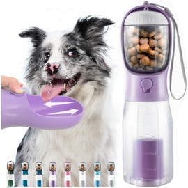 MoonyMars Portable Dog Water Bottle, 3-in-1 Dog Travel Water Bowl with Food Container & Poop Bag Holder, Pet Water Dispenser Summer Outdoor Walking Hiking Accessories for Large Dog - Purple, 20oz