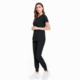 Meichoon Scrubs Set Split Crew Neck Top with 4 Pockets Stretch Fit Jogging Bottoms Medical Uniform Dental Grooming Pet DK07, black