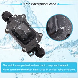 Hmknana IP67 Waterproof Inline Cord Switch 16A/250V 20A/125V AC DPST 4Pin 2 Position DC 12V On Off Outdoor Toggle Switch with Black Rocker Button,Two-Side Entry & Exit Line