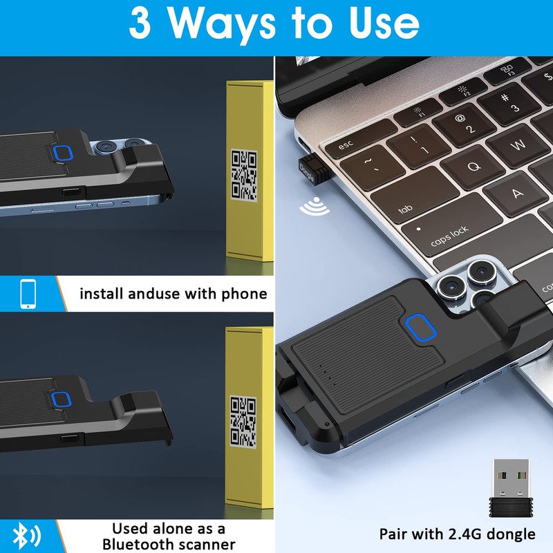 Alacrity Back Clip 1D/2D Wireless Barcode Scanner,3-in-1 Design with Bluetooth,2.4GHz