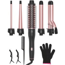 ANIEKIN 5-in-1 Curling Iron Set Includes a Curling Brush and 4 Interchangeable Ceramic Wands (0.39”-1.25”), Instant Heat, Dual Voltage Hair Curler, Great Gift for Girls and Mother