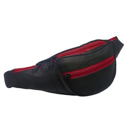ODS:UK® Real Leather Bum Waist Bag Travel Holiday Money Belt Pouch Black Change BUMBAG (Black with Red Zips)