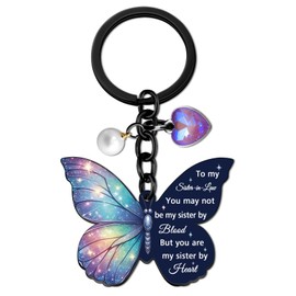 Sister in Law Gifts Mothers Day Birthday Gifts for Sister in Law Christmas Wedding Gift Butterfly Keychain You Are My Sisters Keychain for Her Key Bag Accessories Purple Heart Charm