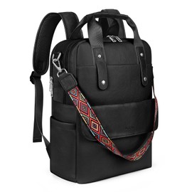 SYTRAH Leather Laptop Backpack 15.6 Inch Womens Laptop Bag, 3 IN 1 Computer Bag Handbag with Colorful Shoulder Bag Strap for Work Travel College Black