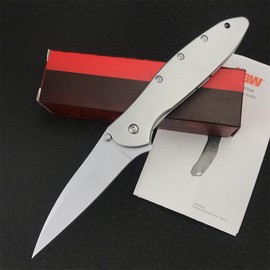 KS 1660 Ken Onion Leek Assisted Flipper Knife, 440C Bead Blast Plain Blade, Stainless Steel Handles, Frame Lock, 10 Styles:_Silver Sharp Blade