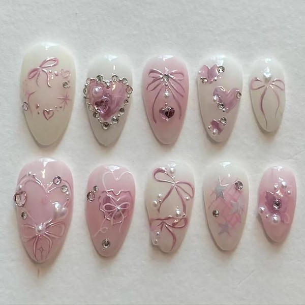 Almond Press On Nails Handmade Medium Fake Nails with Charms