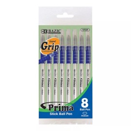 BAZIC Prima Blue Stick Pen w/ Cushion Grip (8/Pack)