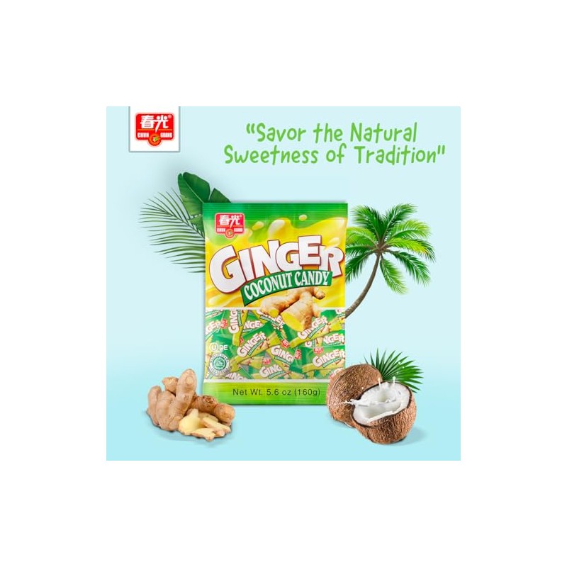 CHUN GUANG Ginger Coconut, Halal Hard Candy, Individually Wrapped, 5.6