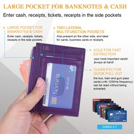 flintronic Credit Card Wallet, RFID Blocking Genuine Purple Leather Card Holder Anti Theft (1 Zipper compartments, 6 Card Slots & 1 ID/Photo Window) Slim Pocket Purse