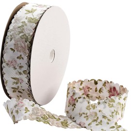 CABODYALS 20 Yards Flower Print Ribbon White Spring Summer Floral Pattern Polyester Ribbon Vintage Wavy Edge Ribbons Bulk with Spool for Sewing Making Craft Bouquet Home Decor Wedding DIY Supply